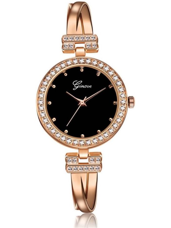 Women\'s Rose Gold Black Analog Quartz Bangle Jewelry 4 Bracelets Set Wrist Watch main image 6